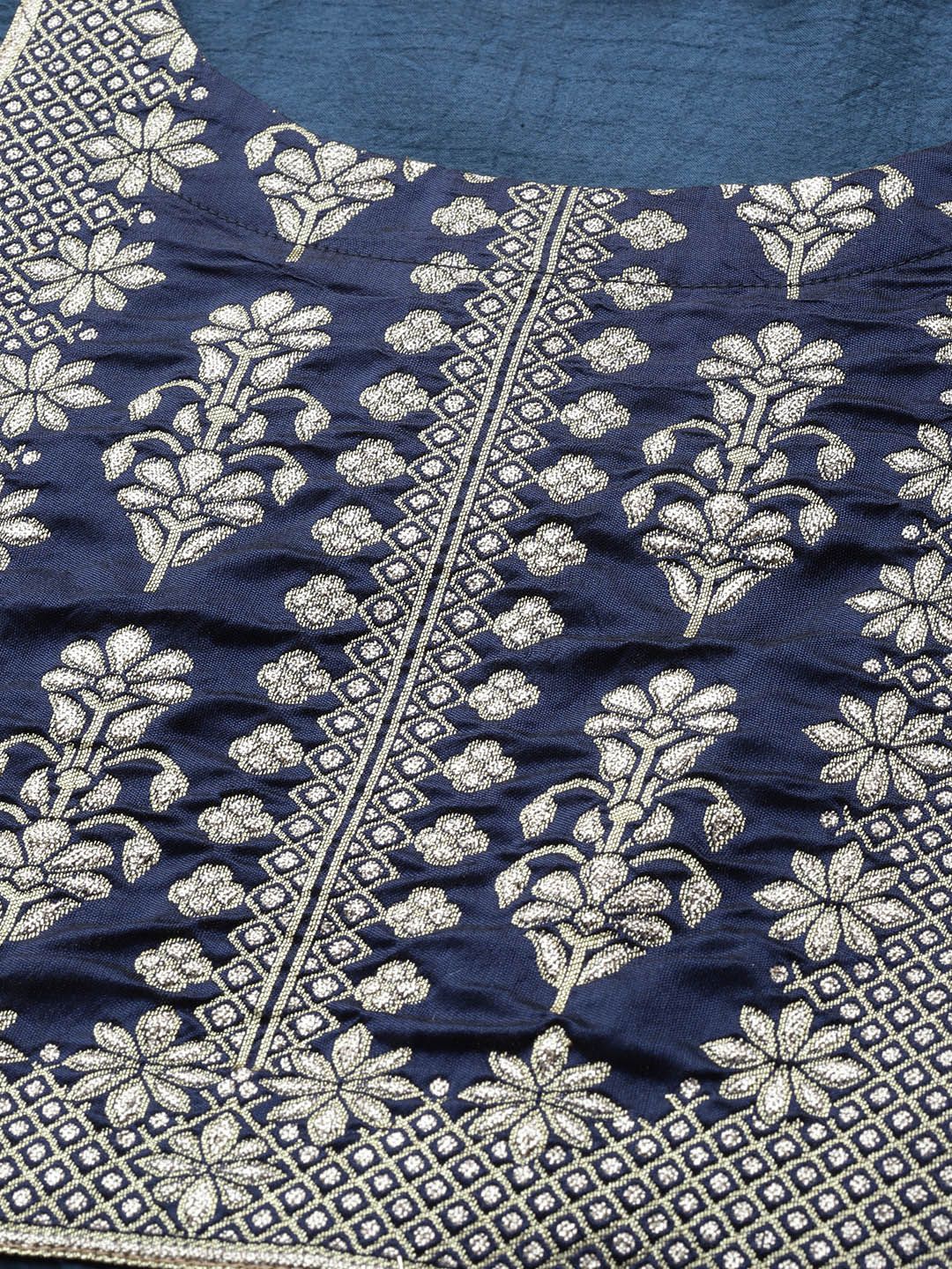 Dhiyona IE Women Navy Blue & Golden Yoke Design Kurta with Trousers & Dupatta