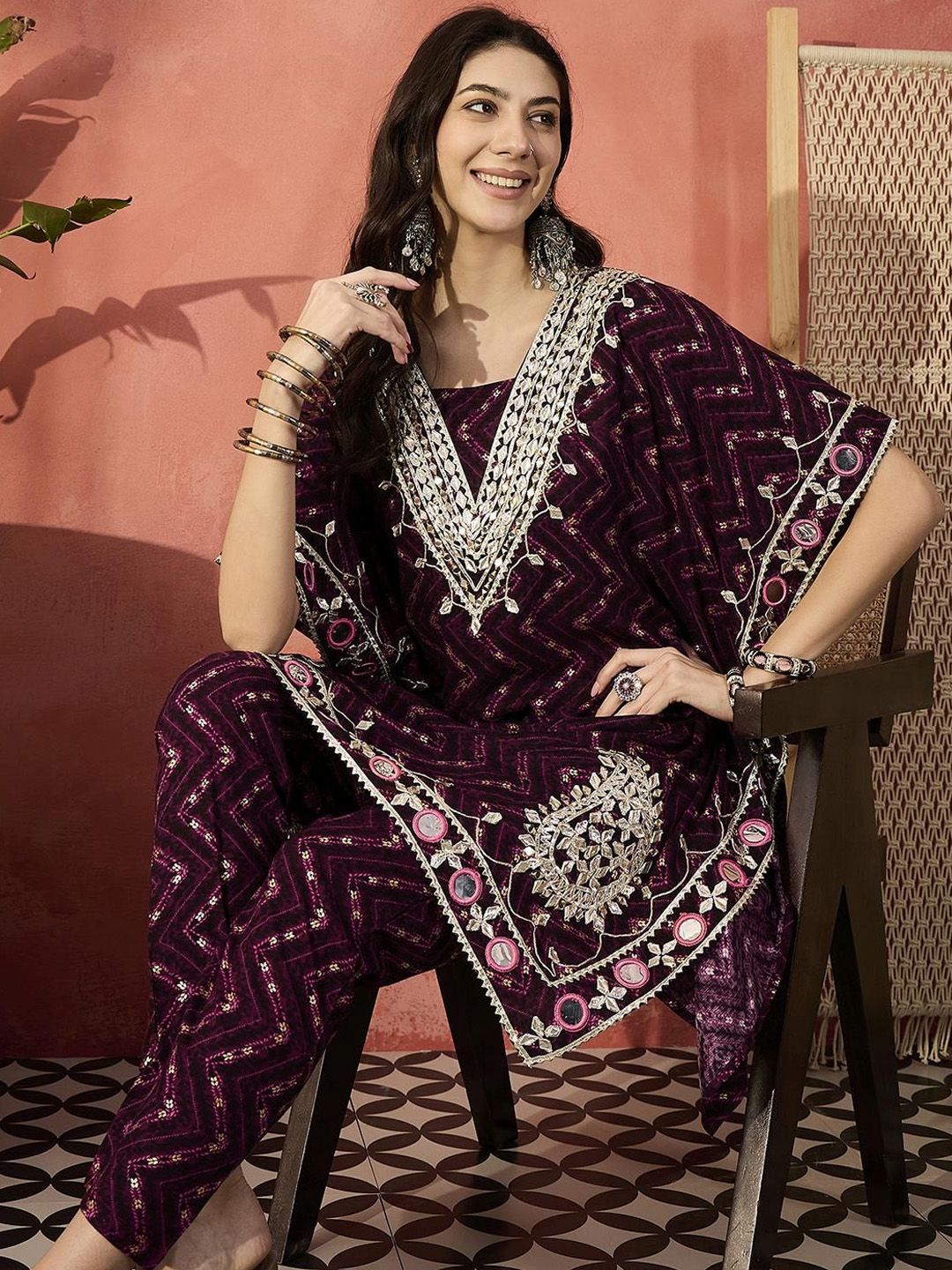 Dhiyona IS Women's Geometric Printed V-Neck Gotta Patti Kaftan Kurti With Trousers