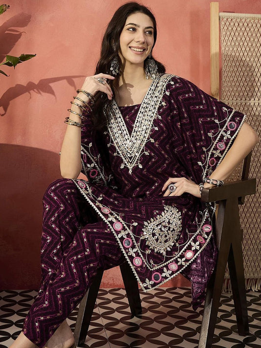 Dhiyona IS Women's Geometric Printed V-Neck Gotta Patti Kaftan Kurti With Trousers