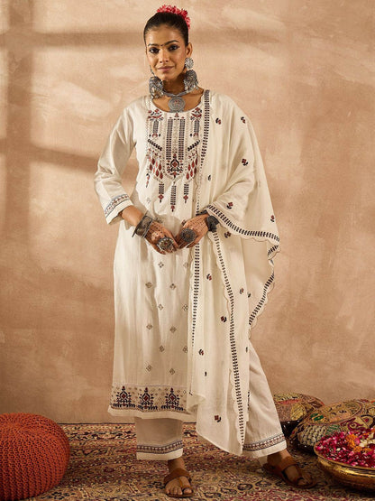 Dhiyona IE Women Floral Embroidered Regular Thread Work Pure Cotton Kurta with Trousers & With Dupatta