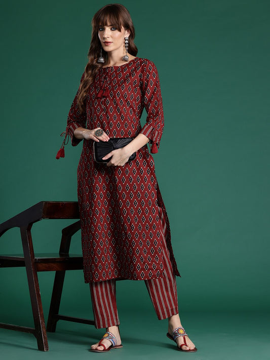 Dhiyona IE Ethnic Motifs Printed Pure Cotton Kurta with Trousers