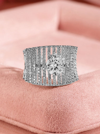 Dhiyona RJ Women's Silver Plated AD & Cubic Zirconia Studded Concave Adjustable Finger Ring