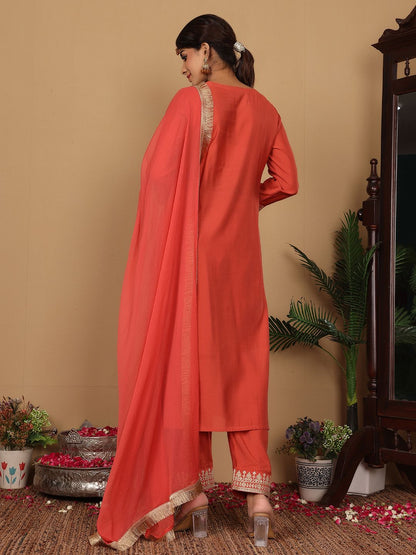 Dhiyona VA Women'sRust Floral Embroidered Regular Sequinned Straight Kurta With Trouser With Dupatta