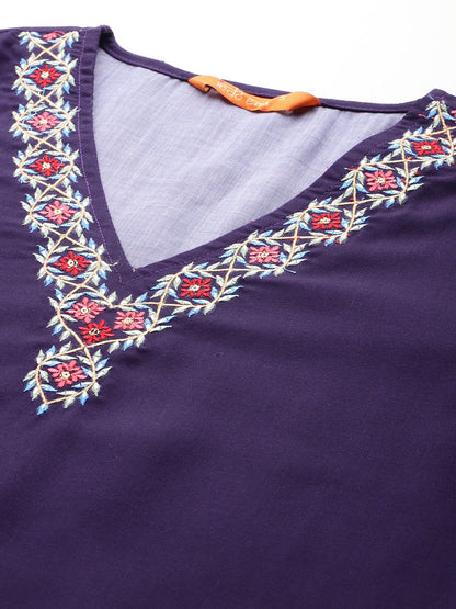 Floral Printed Thread Work Kurta With Trousers & Dupatta