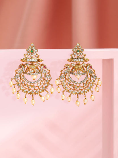 Dhiyona RJ Women's 18K Gold-Plated Emerald & Cubic Zirconia Studded Chandbali Earrings with Pearl Drop