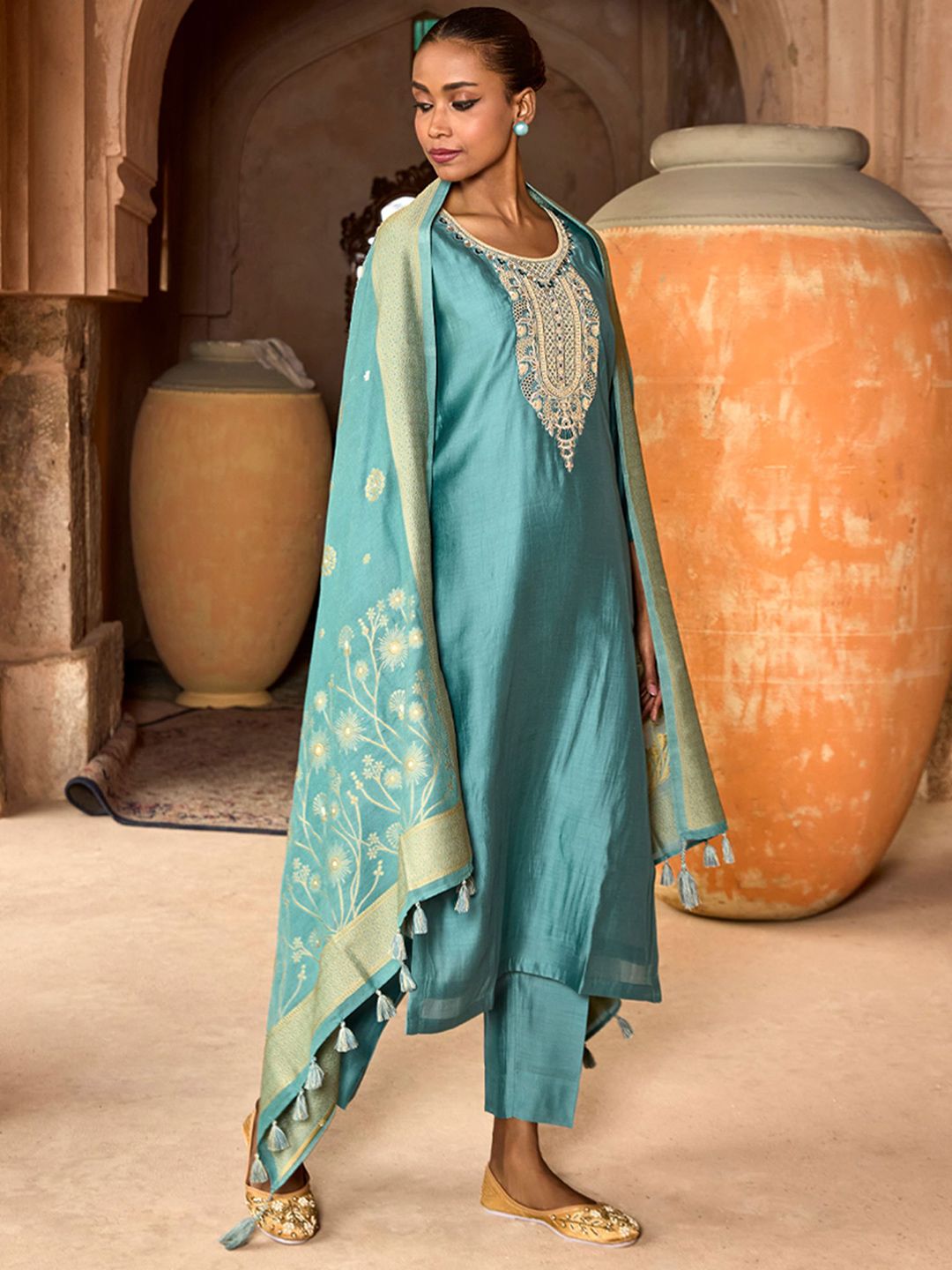 Dhiyona WP Women Embroidered Viscose Silk Suit Set