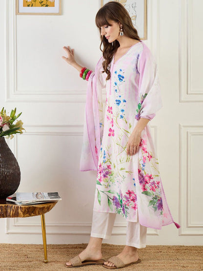 Women Floral Printed Regular Linen Kurta & Trousers With Floral Dupatta