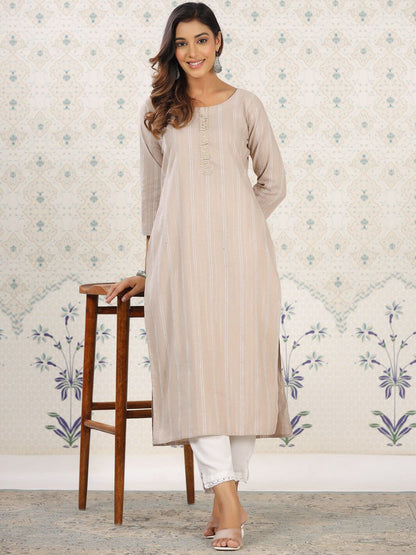 Dhiyona OD  Striped Round Neck Straight Cotton Kurta