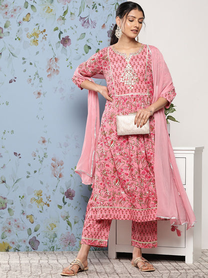 Dhiyona VA Women's Pink Floral Printed Gotta Patti Pure Cotton Kurta with Trousers & With Dupatta
