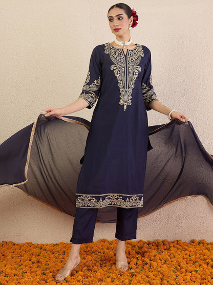 Dhiyona IE Women Solid Woven Design Kurta with Pyjama & Dupatta