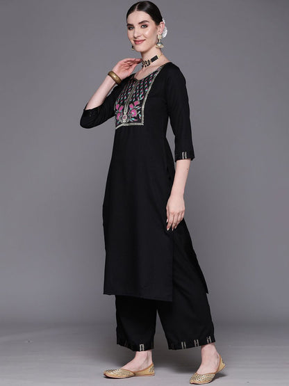 Floral Embroidered Pure Cotton Straight Kurta With Palazzos & Dupatta