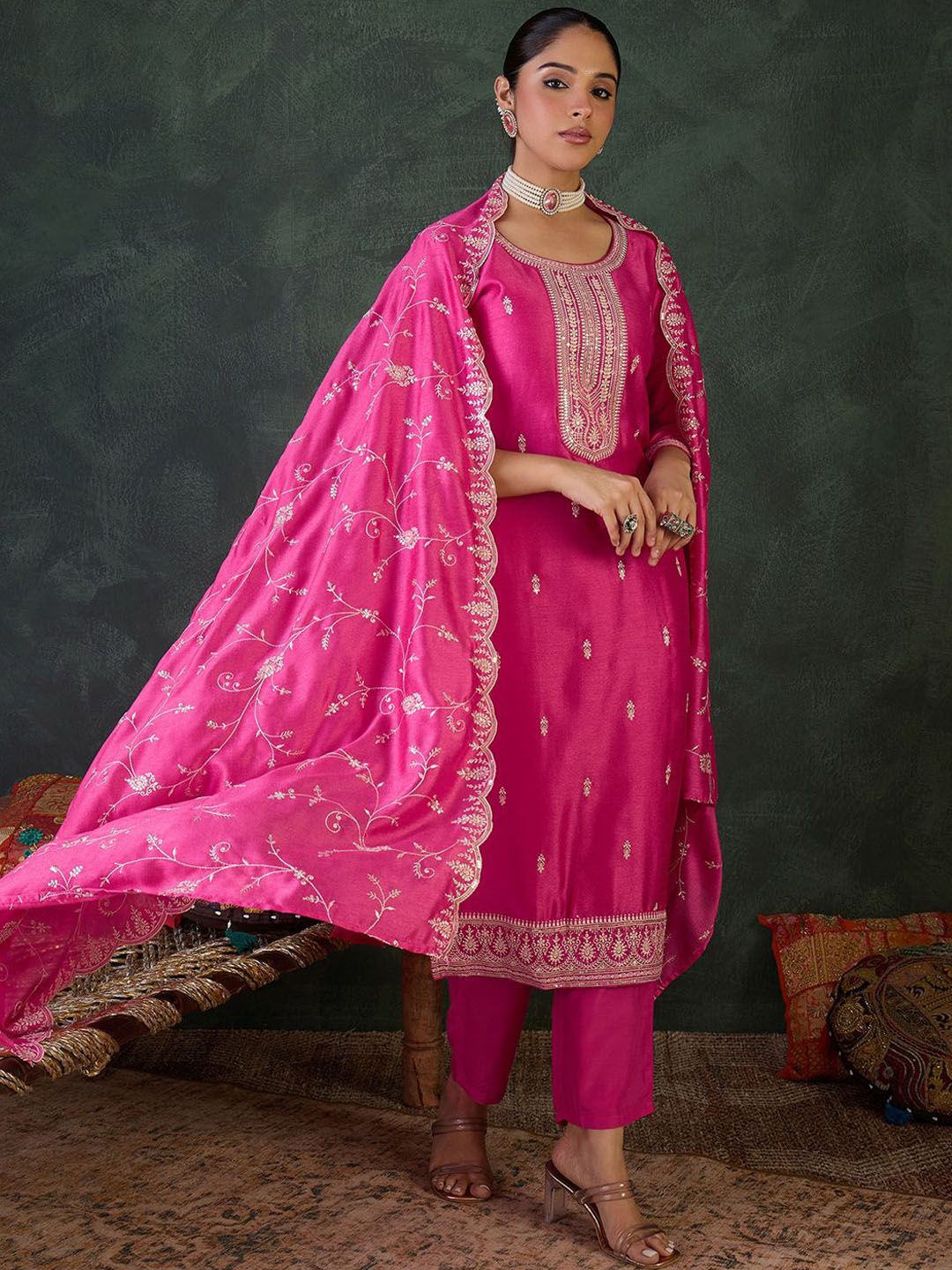 Women Ethnic Motifs Embroidered Kurta with Trousers & Dupatta