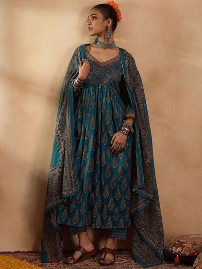 Dhiyona IE Floral Printed Empire Pure Cotton A-Line Kurta with Trousers & Dupatta