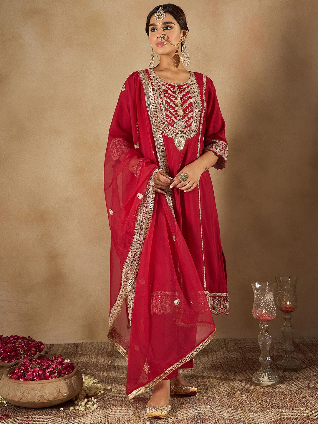 Women Ethnic Motifs Embroidered Panelled Kurta with Trousers & With Dupatta