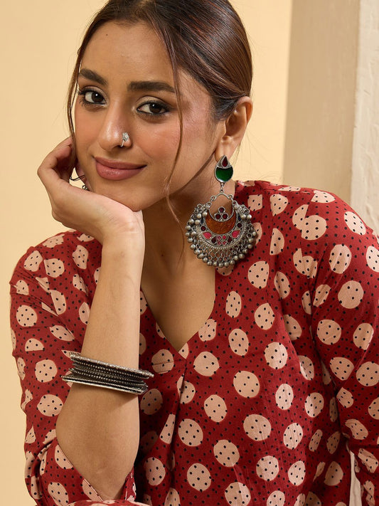 Dhiyona IE Women Printed Pleated Pure Cotton Kurta with Trousers