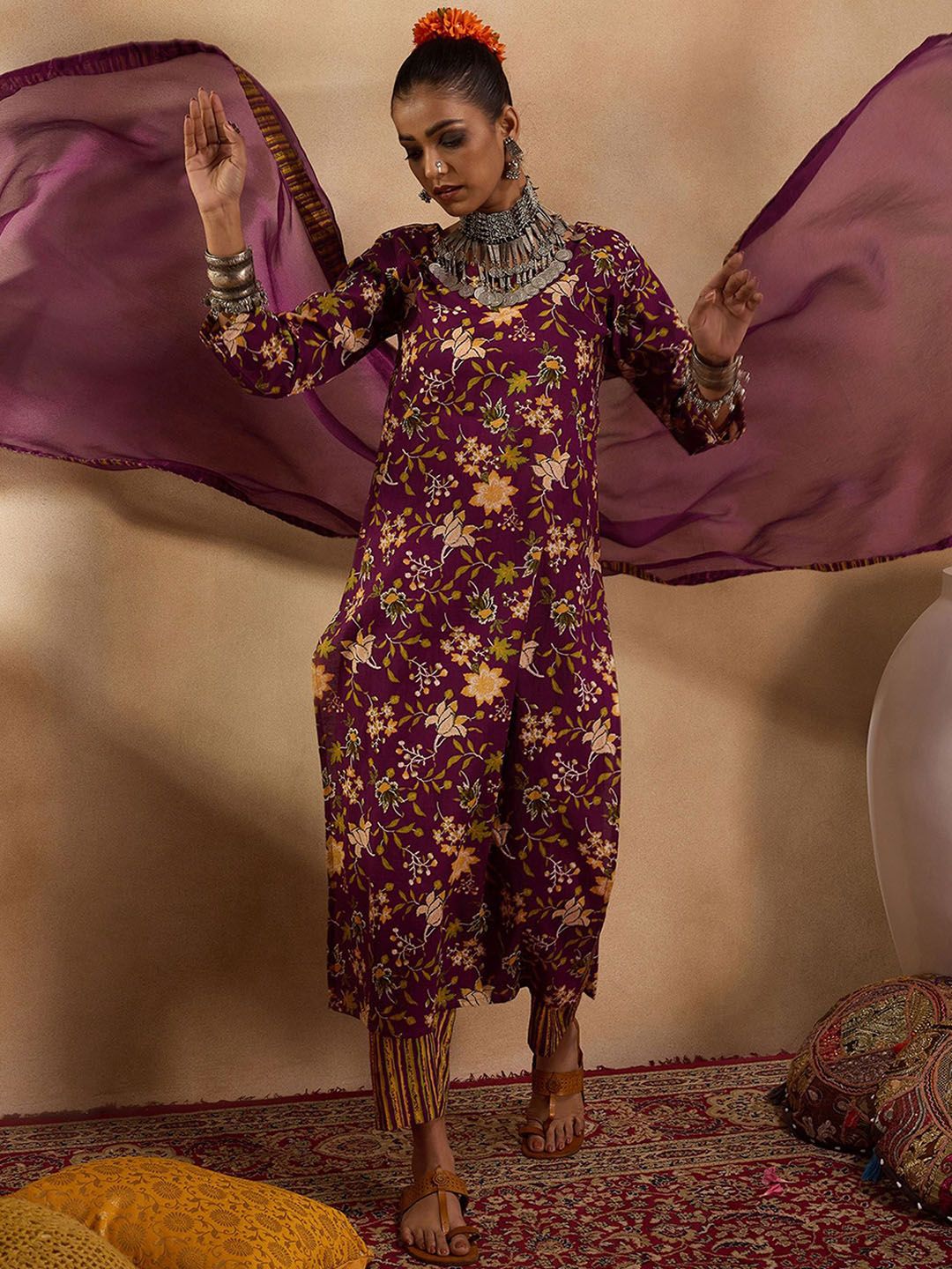 Dhiyona IE Floral Printed Straight Pure Cotton Kurta with Trousers & Dupatta