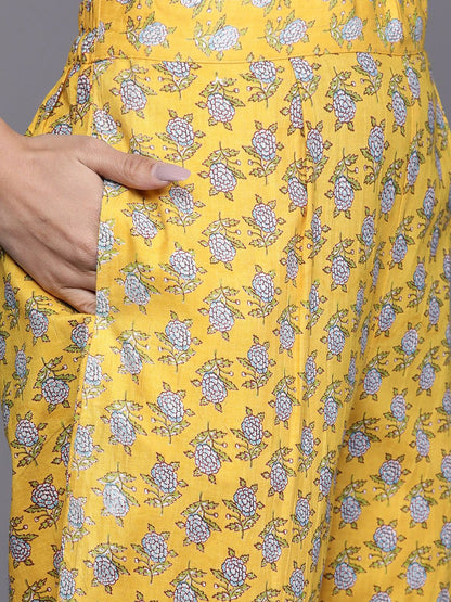 Dhiyona VA Women's Yellow Floral Printed Pure Cotton Kurta with Trousers & With Dupatta