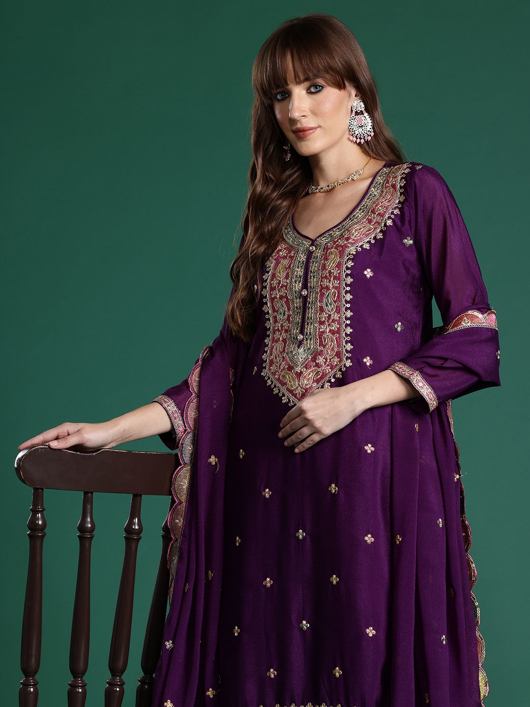 Dhiyona IE Paisley Embroidered Sequinned Kurta with Palazzos & With Dupatta