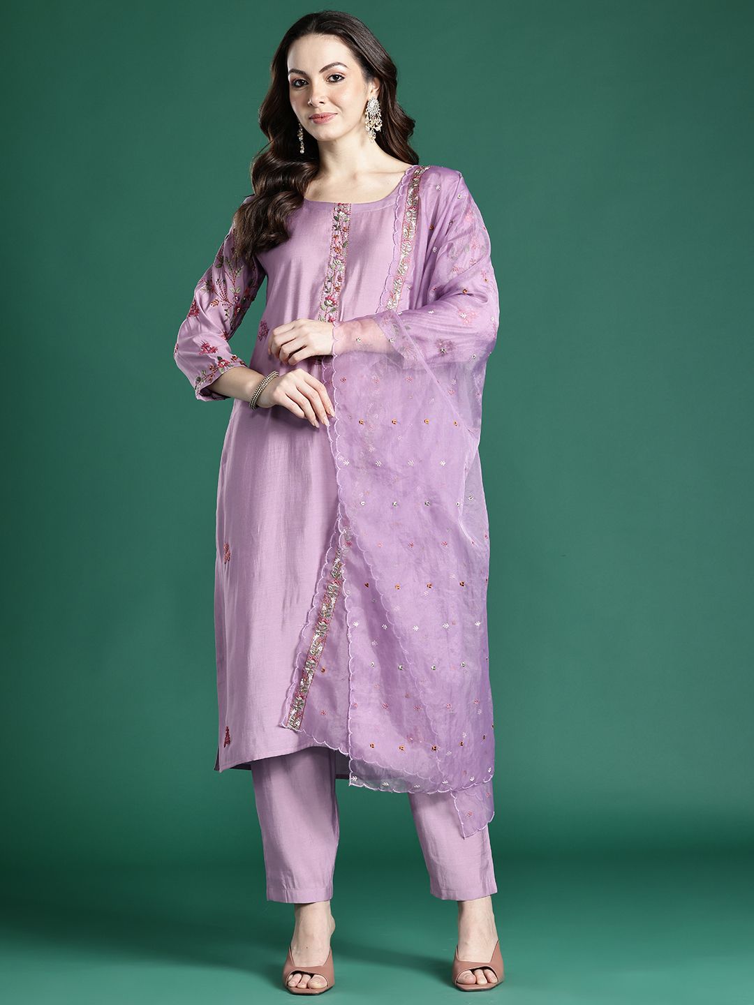 Floral Embroidered Kurta with Trousers & Dupatta