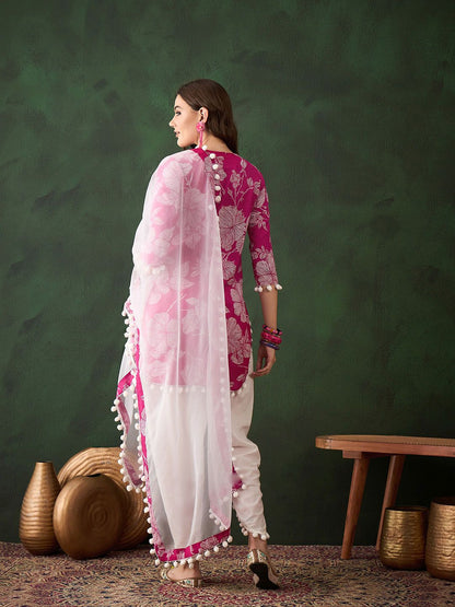 Dhiyona SN Women's Pink Floral Printed Mirror Work Straight Kurti With Dhoti Pants & Dupatta