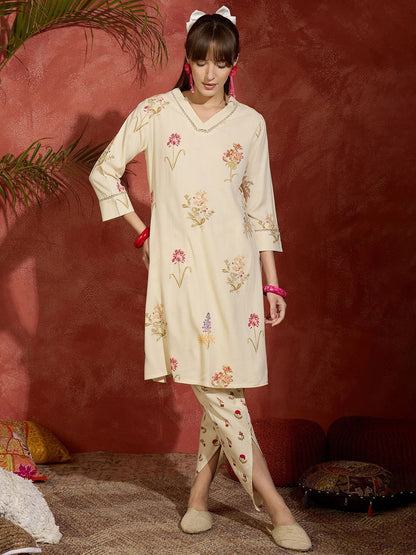 Floral Printed V-Neck Straight Kurta with Dhoti Pants