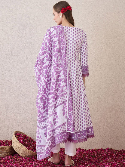 Dhiyona IE Floral Printed V-Neck Empire Pure Cotton Anarkali Kurta With Trouser And Dupatta