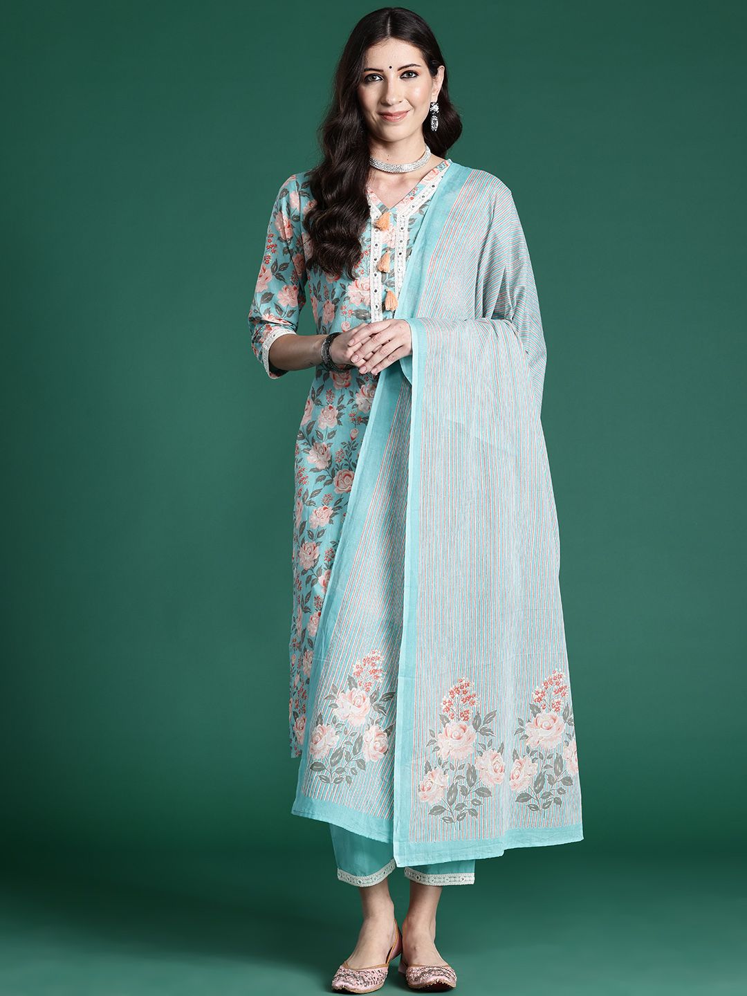 Dhiyona IE Women Floral Printed Regular Mirror Work Pure Cotton Kurta with Trousers & With Dupatta