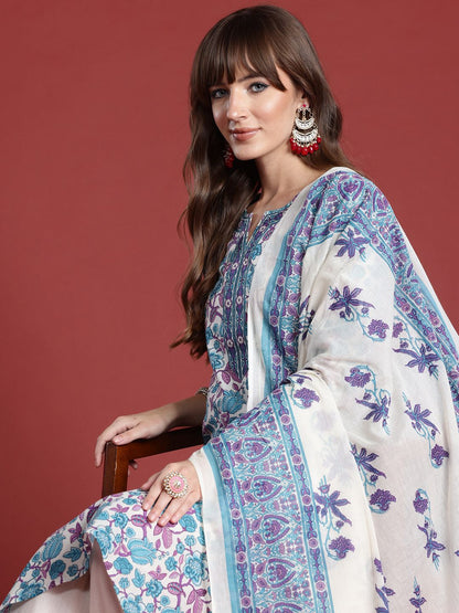 Dhiyona IE Floral Printed Pure Cotton Kurta with Trousers & With Dupatta