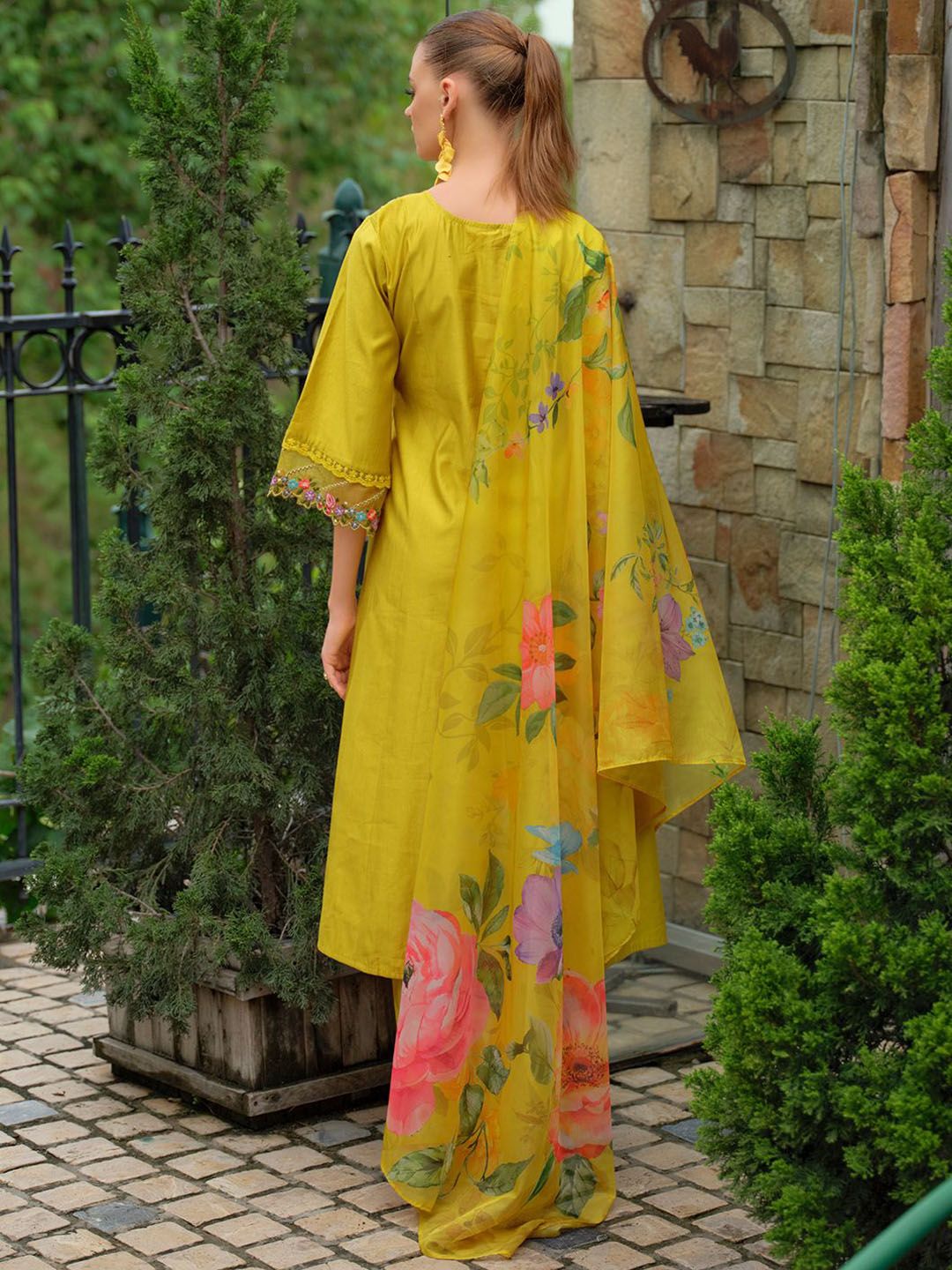Women Floral Embroidered Beads and Stones Liva Kurta with Trousers & With Dupatta