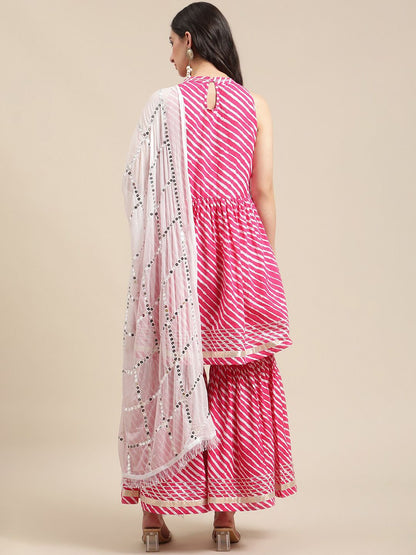 Dhiyona VA Women's Pink Leheriya Printed Mirror Work Kurti with Sharara & With Dupatta
