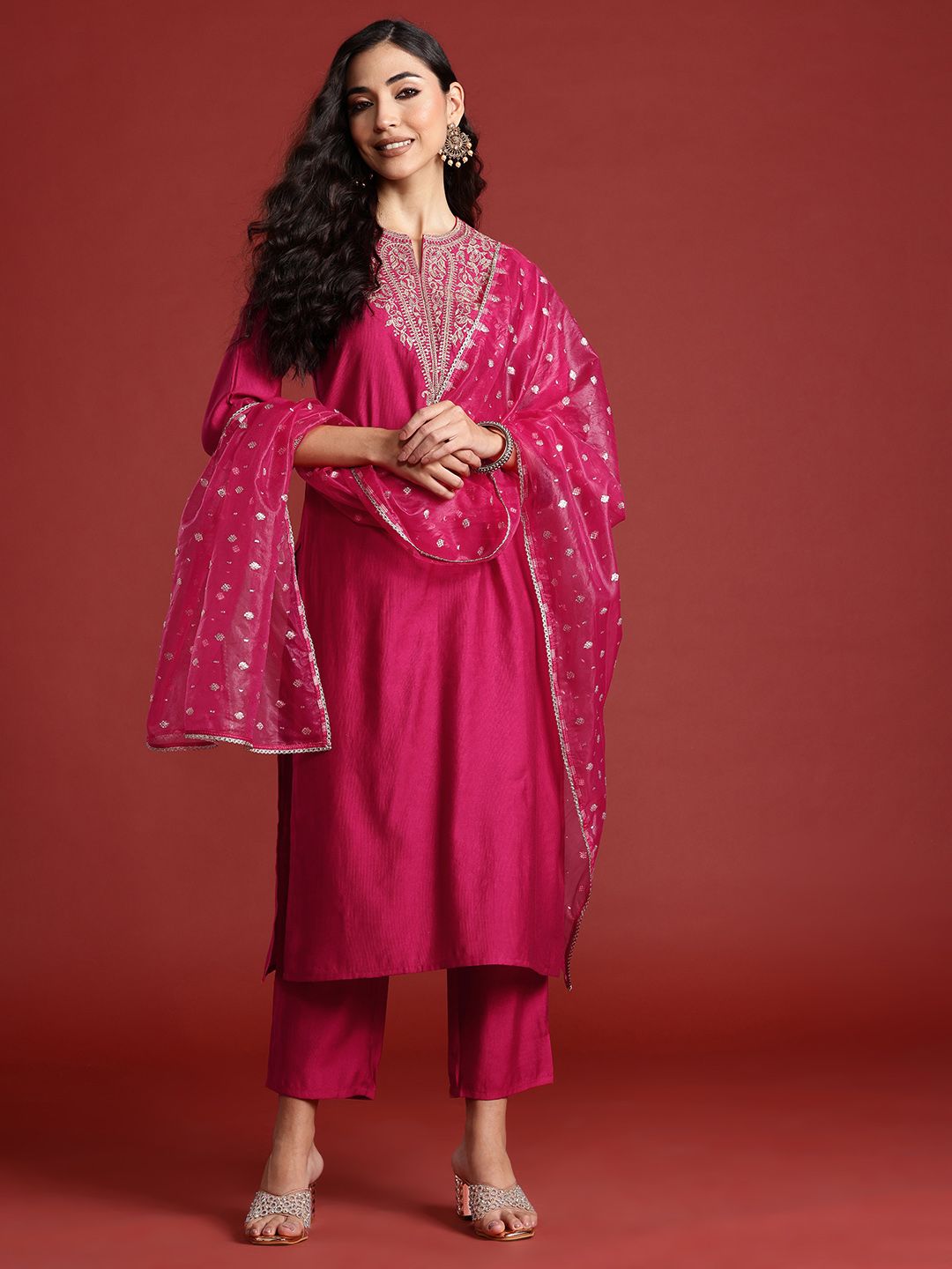 Women Ethnic Motifs Embroidered Regular Sequinned Liva Kurta with Trousers & With Dupatta