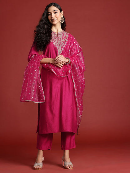 Women Ethnic Motifs Embroidered Regular Sequinned Liva Kurta with Trousers & With Dupatta