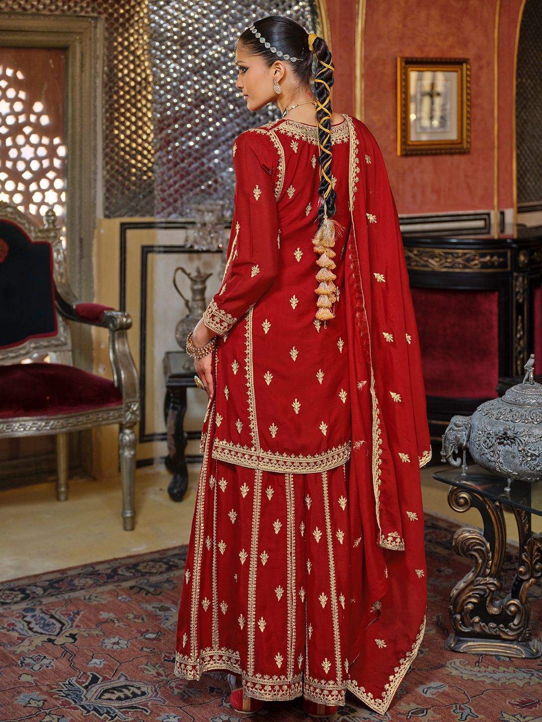 Dhiyona IE Women's Adults-Women Woven Design Embroidered Kurta with Palazzos & Dupatta