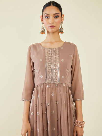 Dhiyona SO Women's Floral Embroidered Pleated Kurta with Palazzos & Dupatta