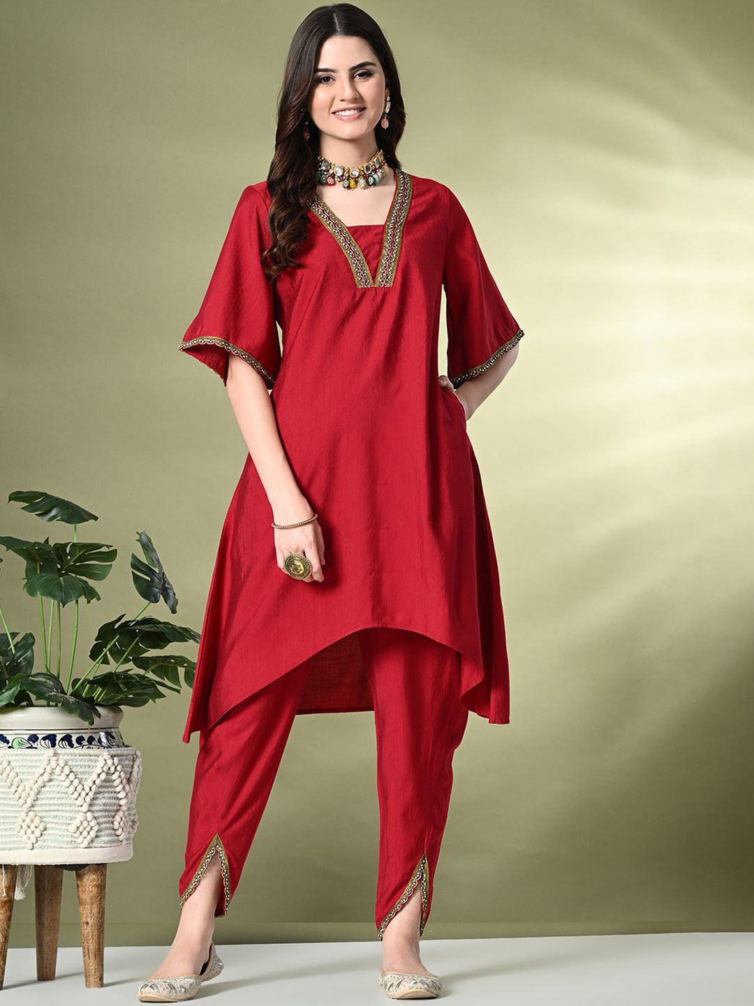 Dhiyona SN Women's Square Neck Flared Sleeves High-Low A-Line Kurta With Dhoti Pant & Dupatta