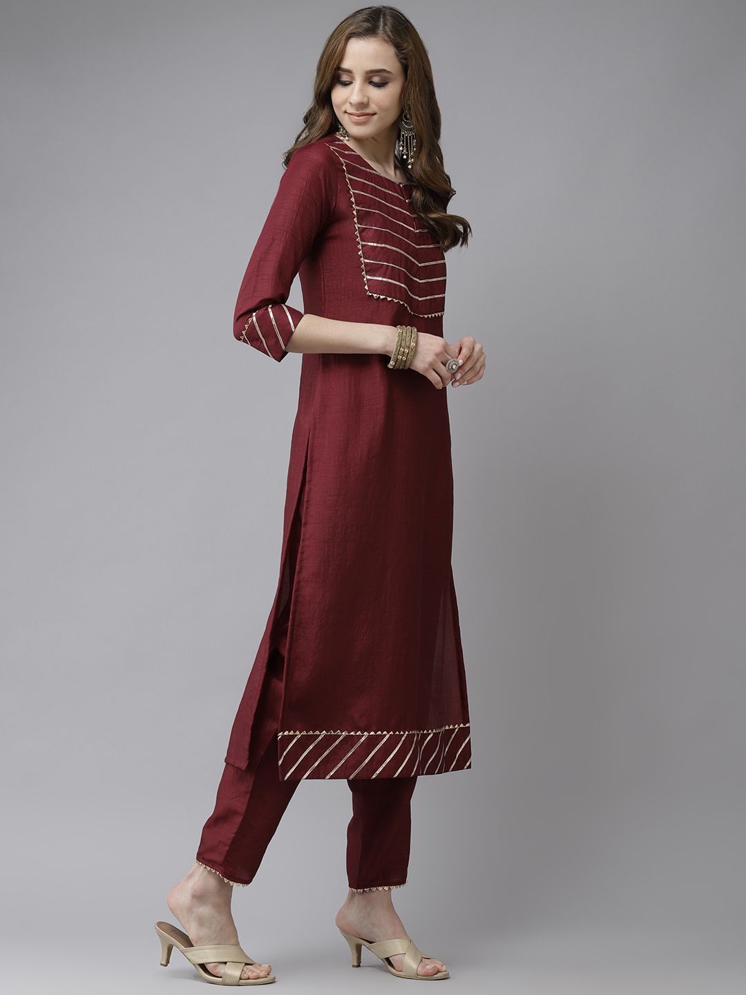 Dhiyona IE Maroon & Gold Yoke Design Gotta Patti Straight Kurta with Trousers & With Dupatta