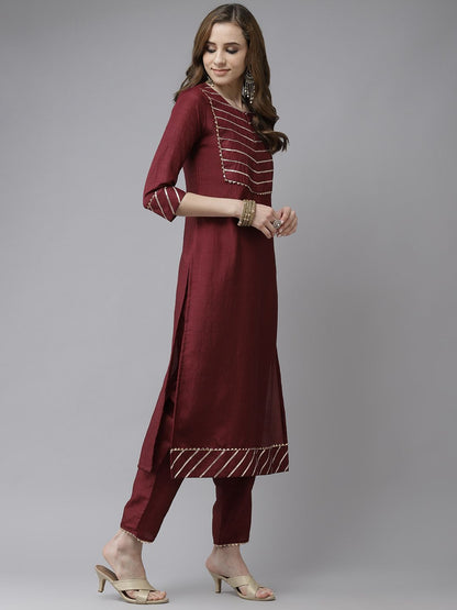 Dhiyona IE Maroon & Gold Yoke Design Gotta Patti Straight Kurta with Trousers & With Dupatta