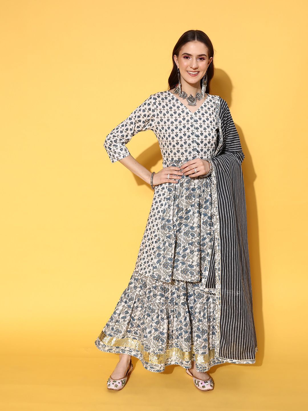 Dhiyona VA Women's Floral Printed Empire Pure Cotton Kurta with Sharara & With Dupatta