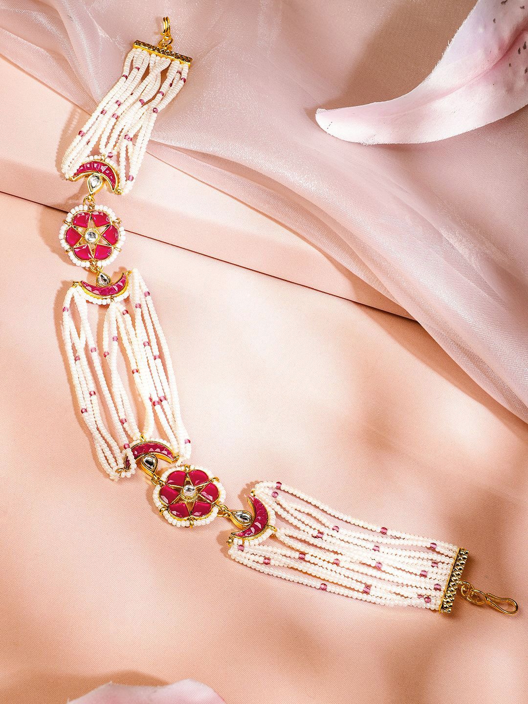 Dhiyona RJ Women's 22K Gold-Plated Ruby Pink Kundan & White Pearl Beaded Bridal Mattha Patti Headpiece