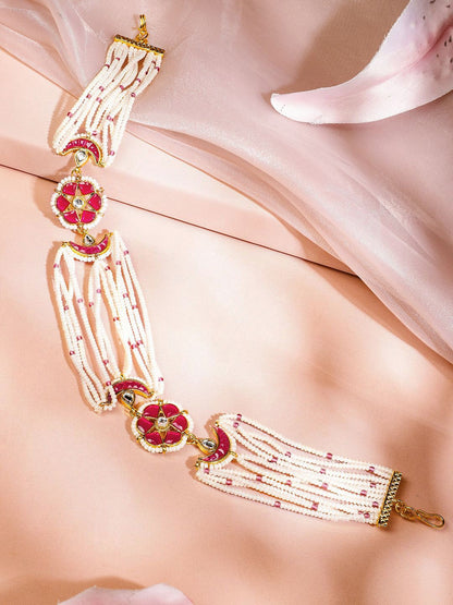 Dhiyona RJ Women's 22K Gold-Plated Ruby Pink Kundan & White Pearl Beaded Bridal Mattha Patti Headpiece