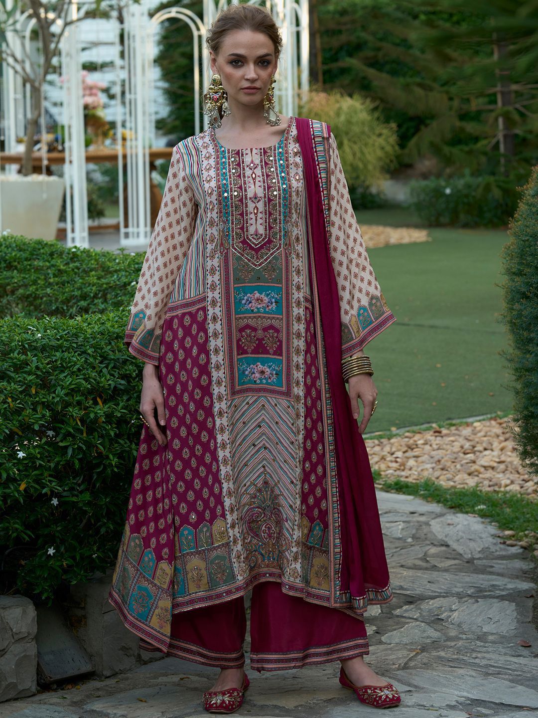 Floral Printed Mirror Work Liva A-Line Kurta with Palazzos & Dupatta
