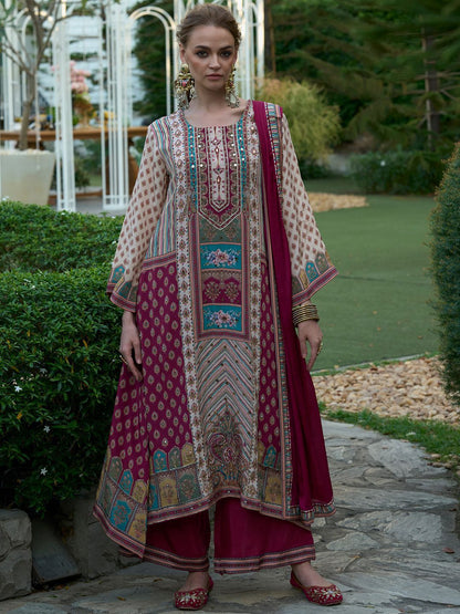 Floral Printed Mirror Work Liva A-Line Kurta with Palazzos & Dupatta