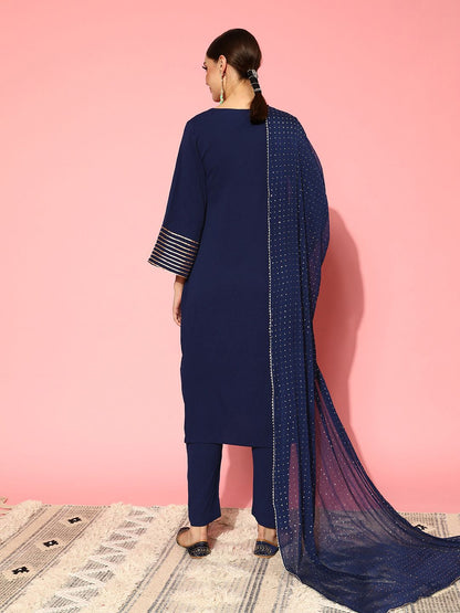Dhiyona VA Women's Navy Blue Regular Gotta Patti Silk Crepe Kurta with Trousers & With Dupatta