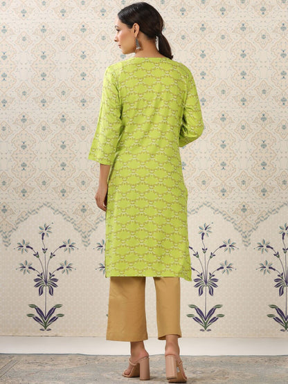 Dhiyona OD  Lime Green & Beige Printed V Neck Kurta With Palazzos