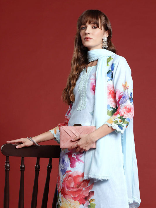 Dhiyona IE Floral Printed Mirror Work Linen Kurta With Trousers & Dupatta