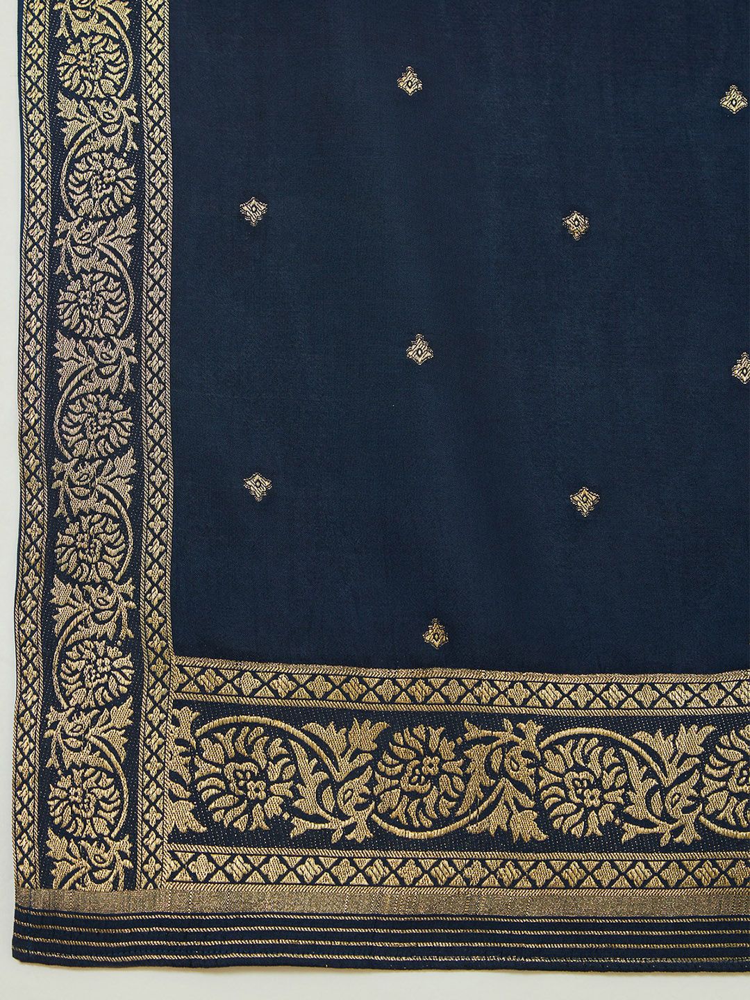 Dhiyona SO Women's Navy Blue Floral Printed Regular Beads and Stones Kurta with Trousers & Dupatta