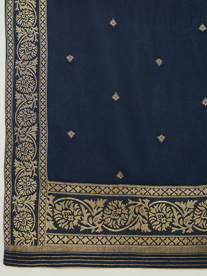 Dhiyona SO Women's Navy Blue Floral Printed Regular Beads and Stones Kurta with Trousers & Dupatta