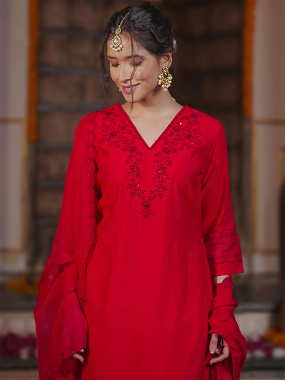 Women Embroidered Regular Sequined Kurta with Trousers & With Dupatta