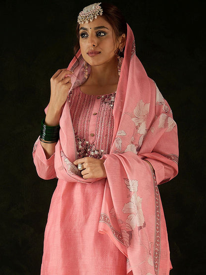 Women Floral Embroidered Regular Thread Work Chanderi Silk Kurta with Trousers & With Dupatta
