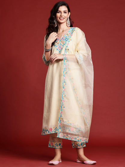 Dhiyona IE Floral Aari Work Embroidered Kurta with Trousers & Dupatta